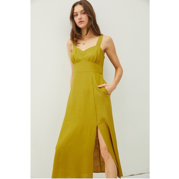 NWOT Golden Green Rayon Viscose Blend Bustier Midi Dress W/Slit. Size L - Picture 5 of 5